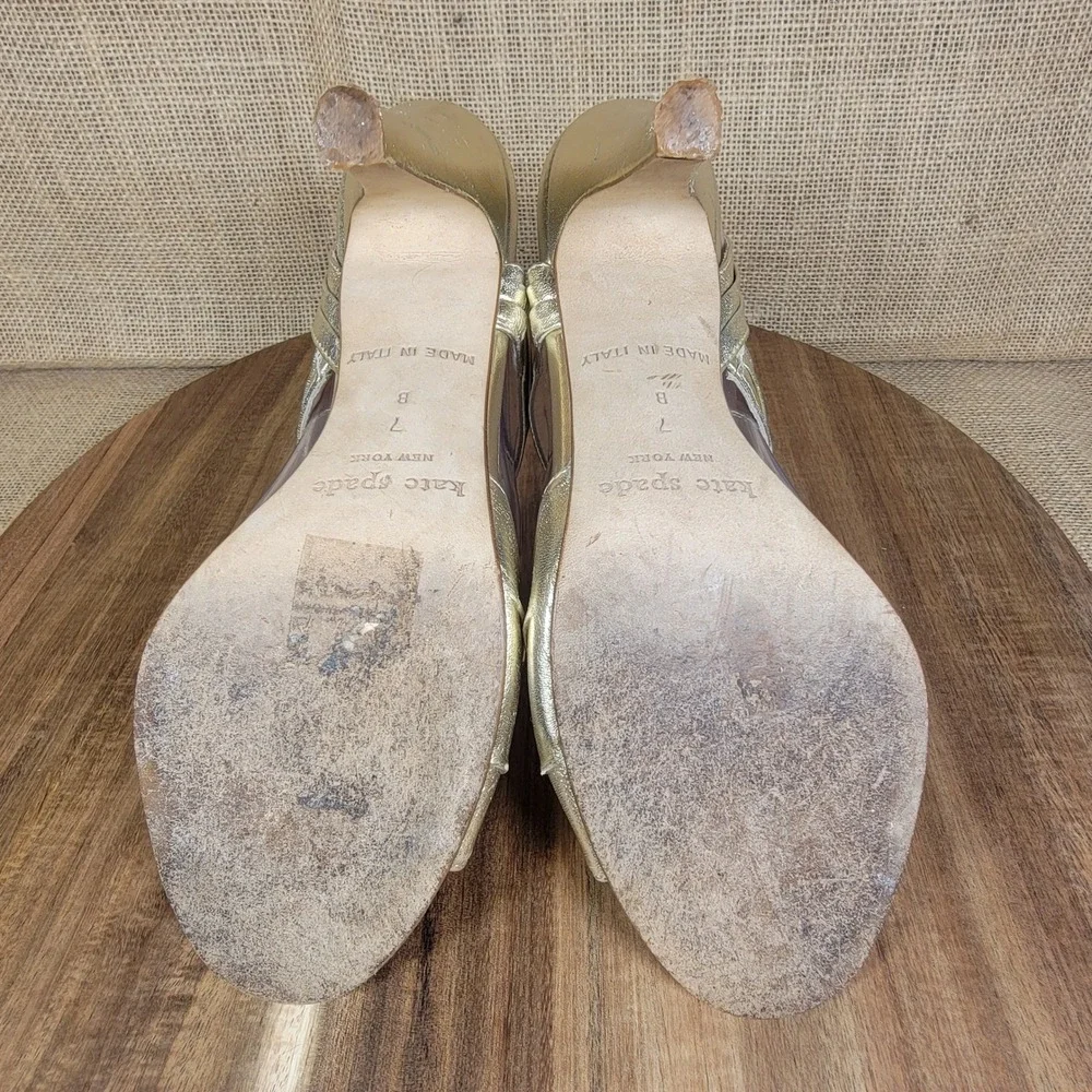 Kate Spade New York Heels Size 7‎ Gold Designer Strappy Peep Toe Made in Italy